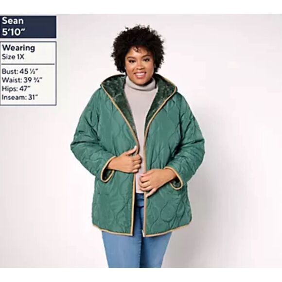 Susan Graver Medium Quilted Fleece Hooded Reversible Jacket Black Patchwork NWOT - Picture 2 of 7